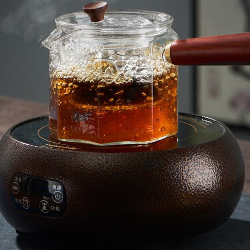 现货厂家木把锤目纹玻璃壶y直身煮茶壶 侧把玻璃煮茶壶 八面侧