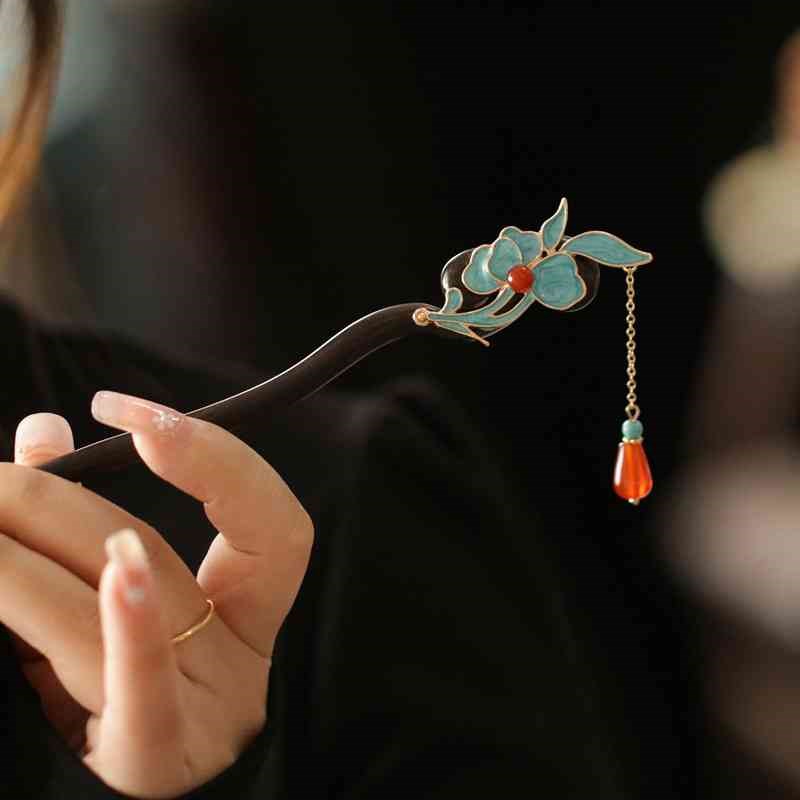 现货黑檀木紫色花盘发簪子古风新中式中国风簪子女黑檀木紫色花盘