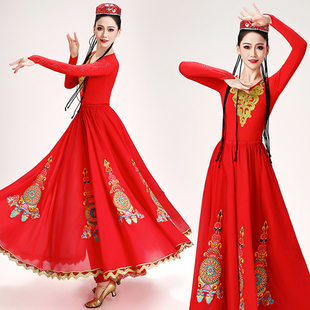 速发新服舞蹈服装演出疆成人新款少数民族风维舞尔族吾大摆裙连衣