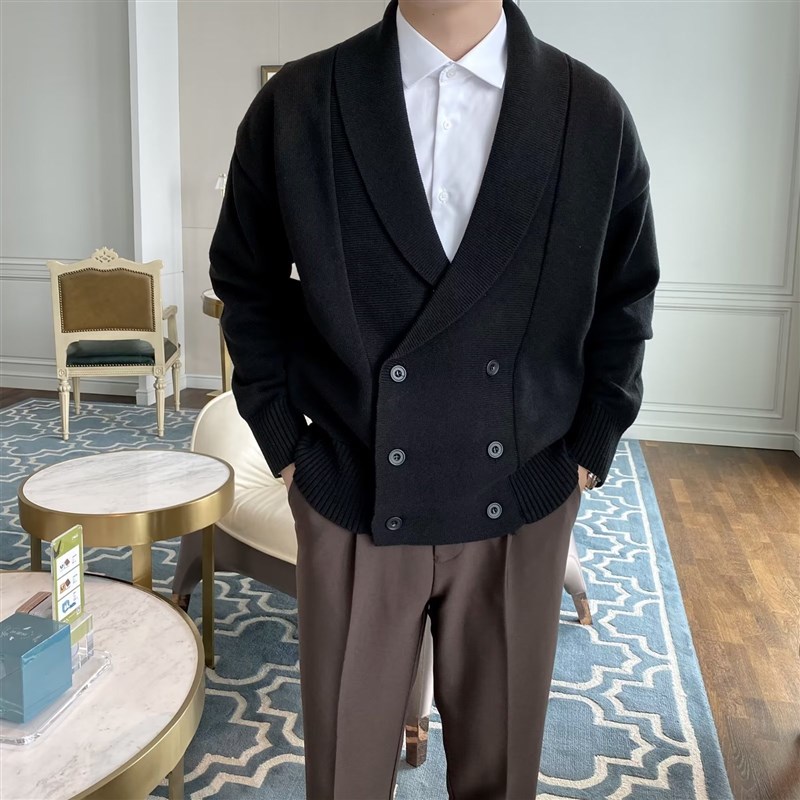速发2023新款春秋季韩版男设计款针织开衫潮男纯色工艺针织衫一件