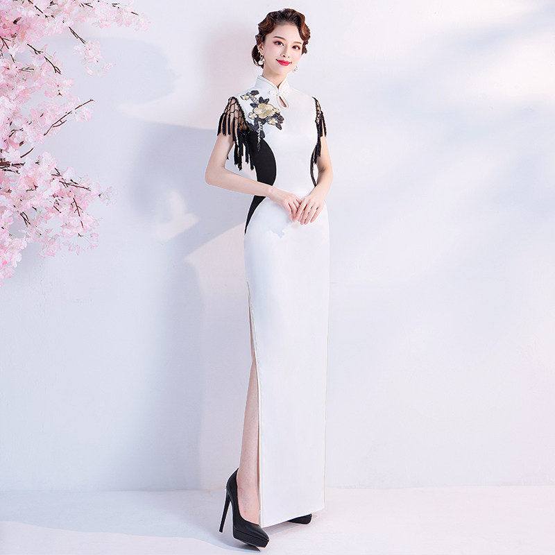 速发白色中式新娘敬酒演出表演走秀礼仪主持人婚纱礼服旗袍9171
