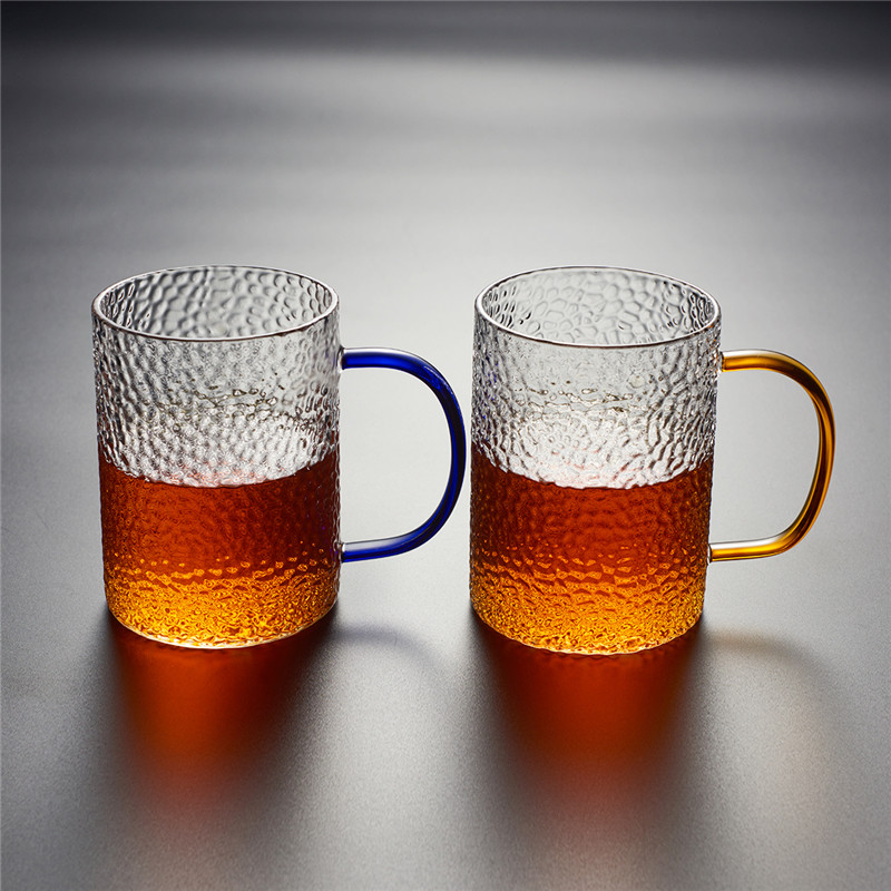 速发锤目纹玻璃茶杯办公杯 耐热家用泡茶水杯绿茶杯带把个人品茗