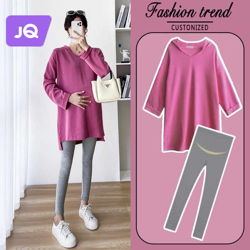 速发装麒孕妇婧春季套装连帽卫衣长袖上衣款长中t恤遮肚孕妇裤两