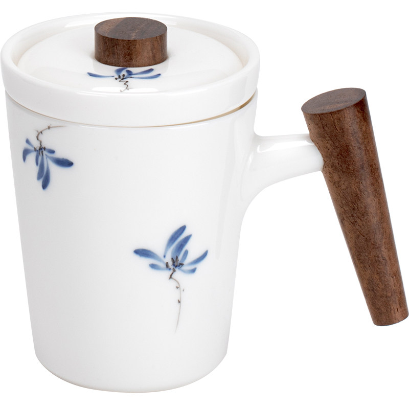 保真速发手绘蝴蝶兰花陶瓷茶杯家用茶水分离泡茶杯办公Z室水杯过