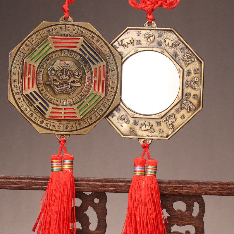 速发彩绘合金瑞狮咬剑虎头八卦镜八角狮头门对门口楼梯挂件厕所卫