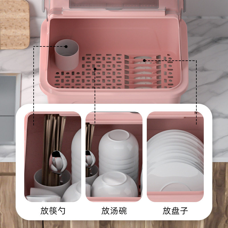 速发装碗筷收纳盒带沥水放碗箱碗碟收纳架家用厨房台面碗柜简易出