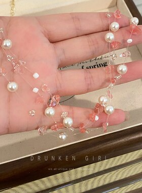 现货粉色珍珠串珠项链女多巴胺小众颈链配饰2024新款配裙子海边锁