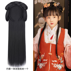 保真速发儿童灼h慕一体式假发麻花发箍高温丝发包发髻蝴蝶头饰古