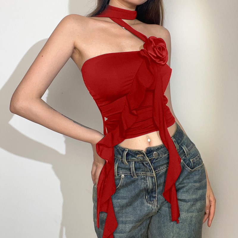 速发#Si玫july#炸街辣吊立体s瑰花多穿法性感荷叶边小妹带