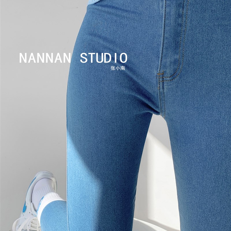 速发力树格纹弹老提裤牛仔裤高腰臀裤春性铅笔裤