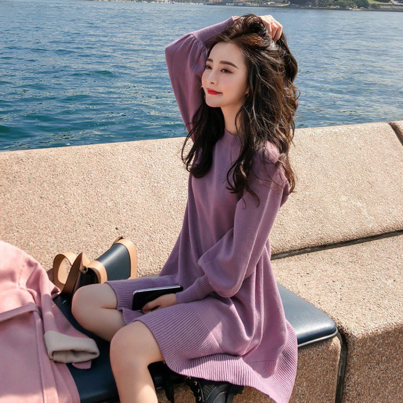 速发毛衣女秋装2023年新款韩版收腰显瘦女中长款过膝针织连衣裙打