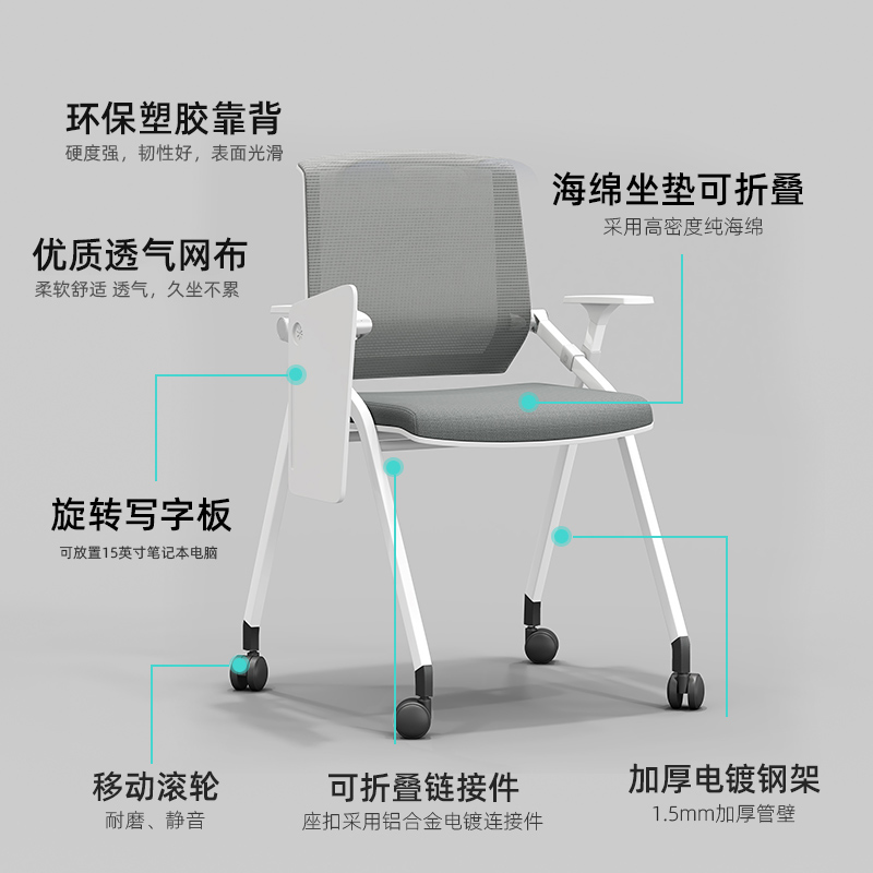 速发 可折叠培训椅会议椅简易办公椅工作教育机构靠背椅带轮