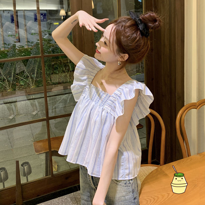 速发法甜蓝色条纹无袖短款小清别式美小飞袖新致上衣夏方领娃娃衫