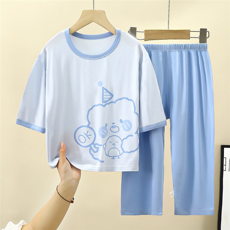 现货夏天儿童睡衣女孩莫代尔家居服套装男童宝宝薄款七分袖空调服