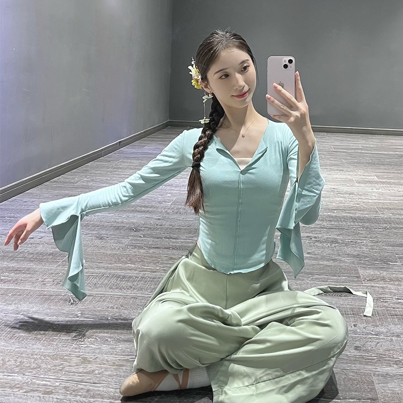 速发舞练功服针织体领袖上衣古典舞形V国中服舞表演服长袖