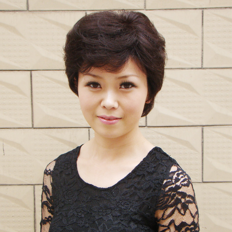 保真速发整顶假发 真发假t发 短发女士中老年假发套 短卷发斜刘海