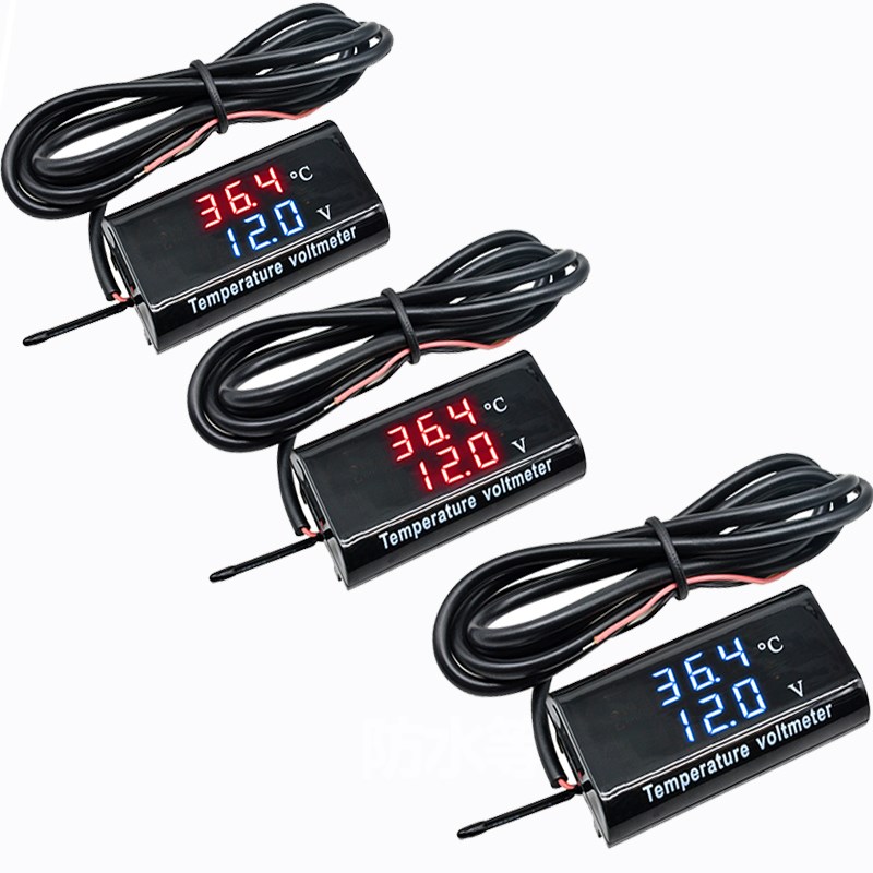 现货DC12V 0.28寸电压和温度双显防水表头 电压表温度计双显防水I
