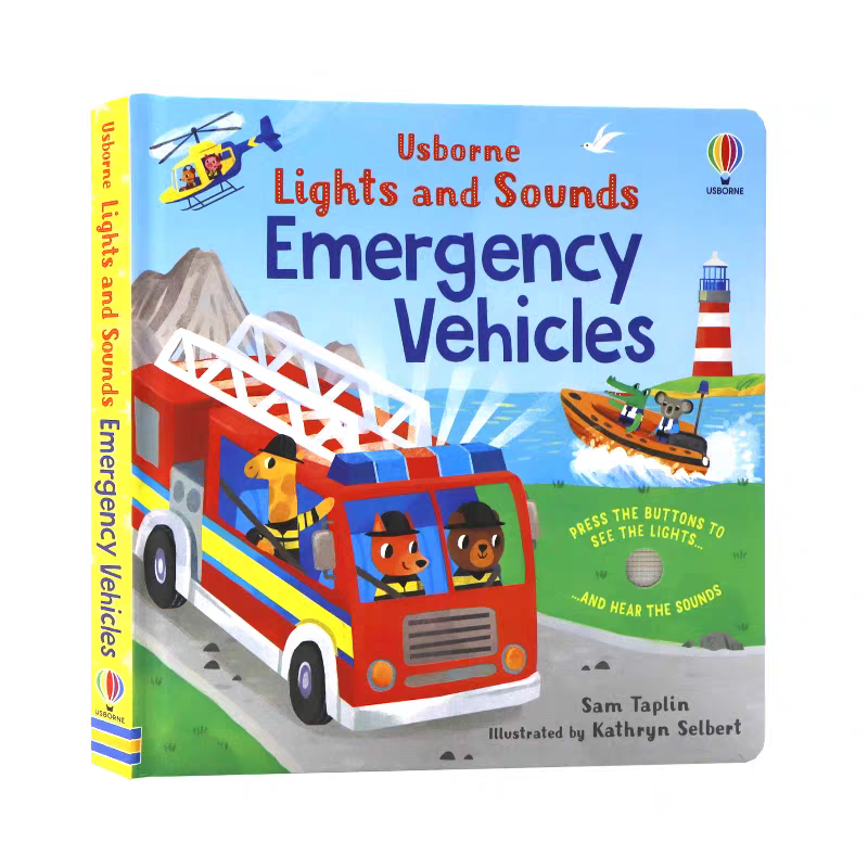 英文原版 Usborne Lights and Sounds Emergency Vehicles 应急车辆的灯光与声音 发光发声书纸板 低幼启蒙触摸书 尤斯伯恩