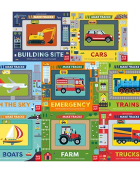 轨道书系列8册 Make Tracks:Trucks卡车 Cars汽车 Trains火车 英文原版 低幼儿童亲子互动纸板书 机关书 含可滑动计数器Nosy Crow