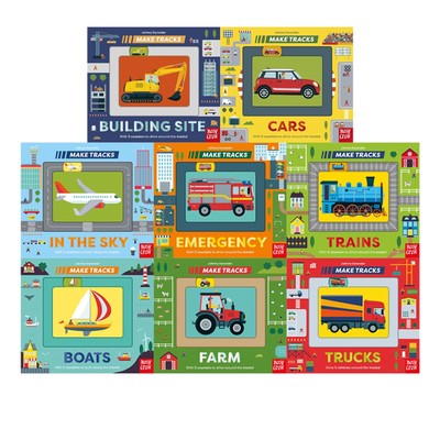 轨道书系列8册 Make Tracks:Trucks卡车 Cars汽车 Trains火车 英文原版 低幼儿童亲子互动纸板书 机关书 含可滑动计数器Nosy Crow