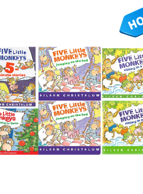 fivelittlemonkeys 五只小猴子 Five Little Monkeys Jumping on the Bed 英文原版绘本纸板书  儿童图画故事绘本 廖彩杏书单推荐