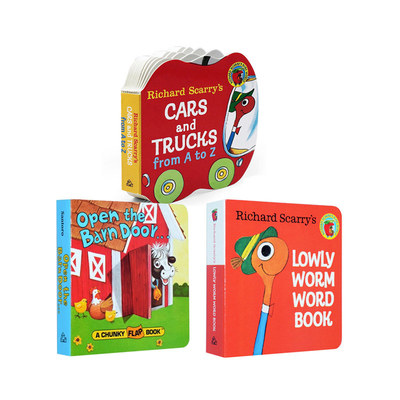 英文原版 启蒙认知纸板书3册 Richard Scarry Cars and Trucks from A to Z/Lowly Worm Word Book纸板书小卡车字母纸板书 斯凯瑞
