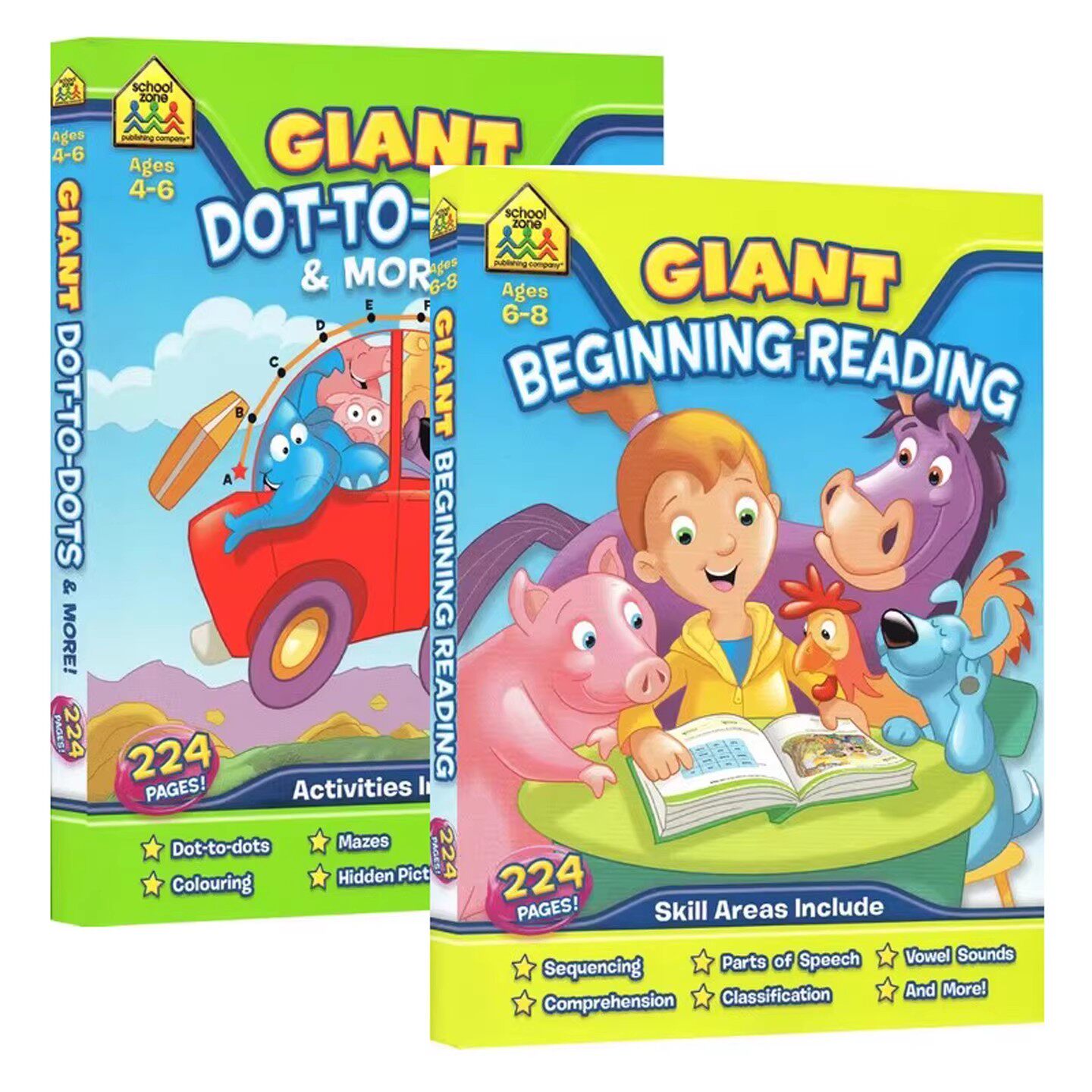 4-8岁趣味练习2册 School Zone Giant Reading/Hidden Pictures/Dot-to-Dot 家庭趣味活动练习册 英文原版