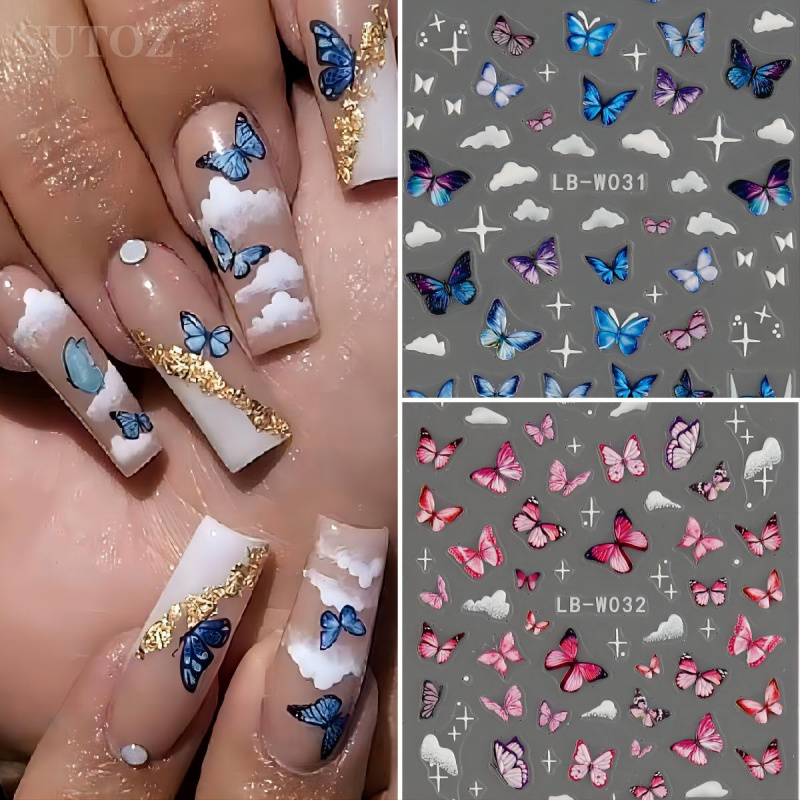 美跨境新款美甲贴纸法式彩色蝴蝶
