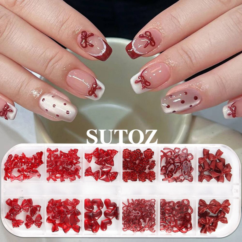 红色系蝴蝶结爱心玫瑰立体美甲D