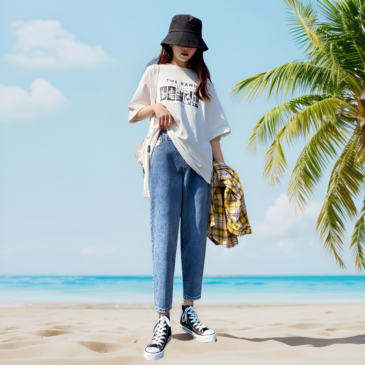 老爹牛仔裤女高腰宽松2025夏薄新款大码胖mm显瘦哈伦裤九分萝卜裤