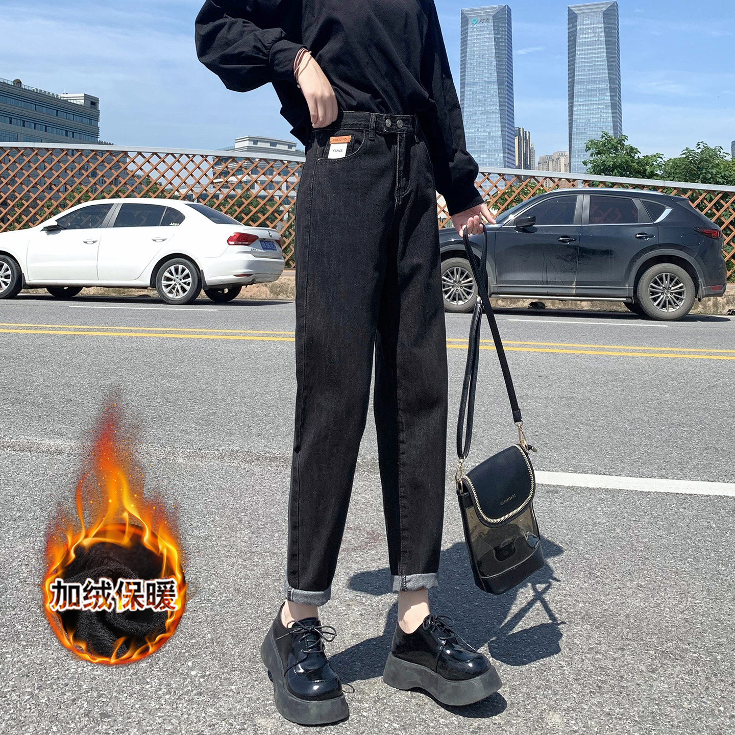 加绒牛仔裤女秋冬新款宽松胖mm