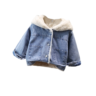 女童牛仔外套加绒加厚连帽洋气宝宝上衣冬装2025新款儿童衣服褂子