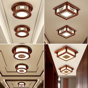 新中式过道灯 走廊小灯 玄关灯正方形圆形吸顶灯实木进门灯入户灯