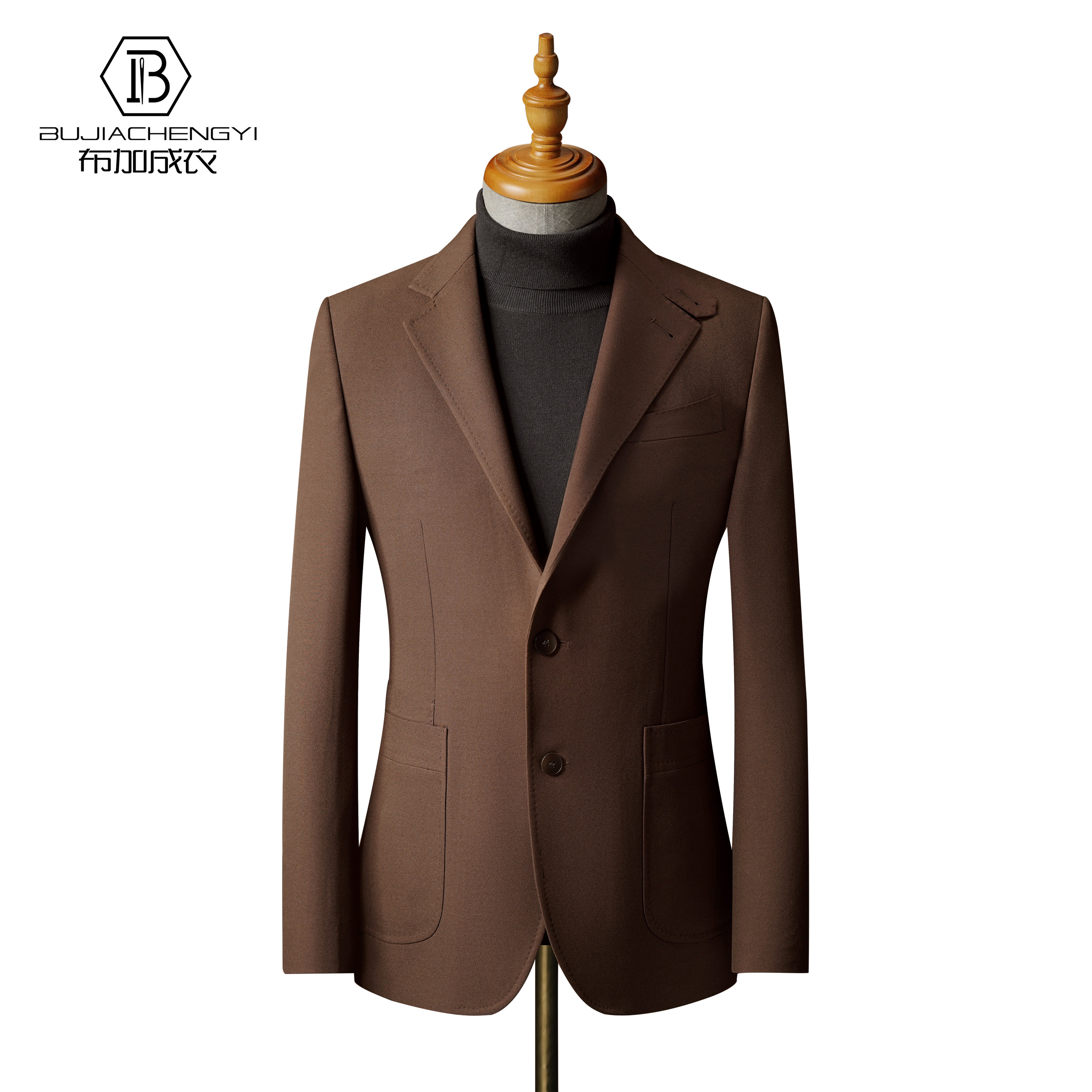 布加成衣高定西装外套男弹力修身英伦复古棕色休闲西服猎装西装男
