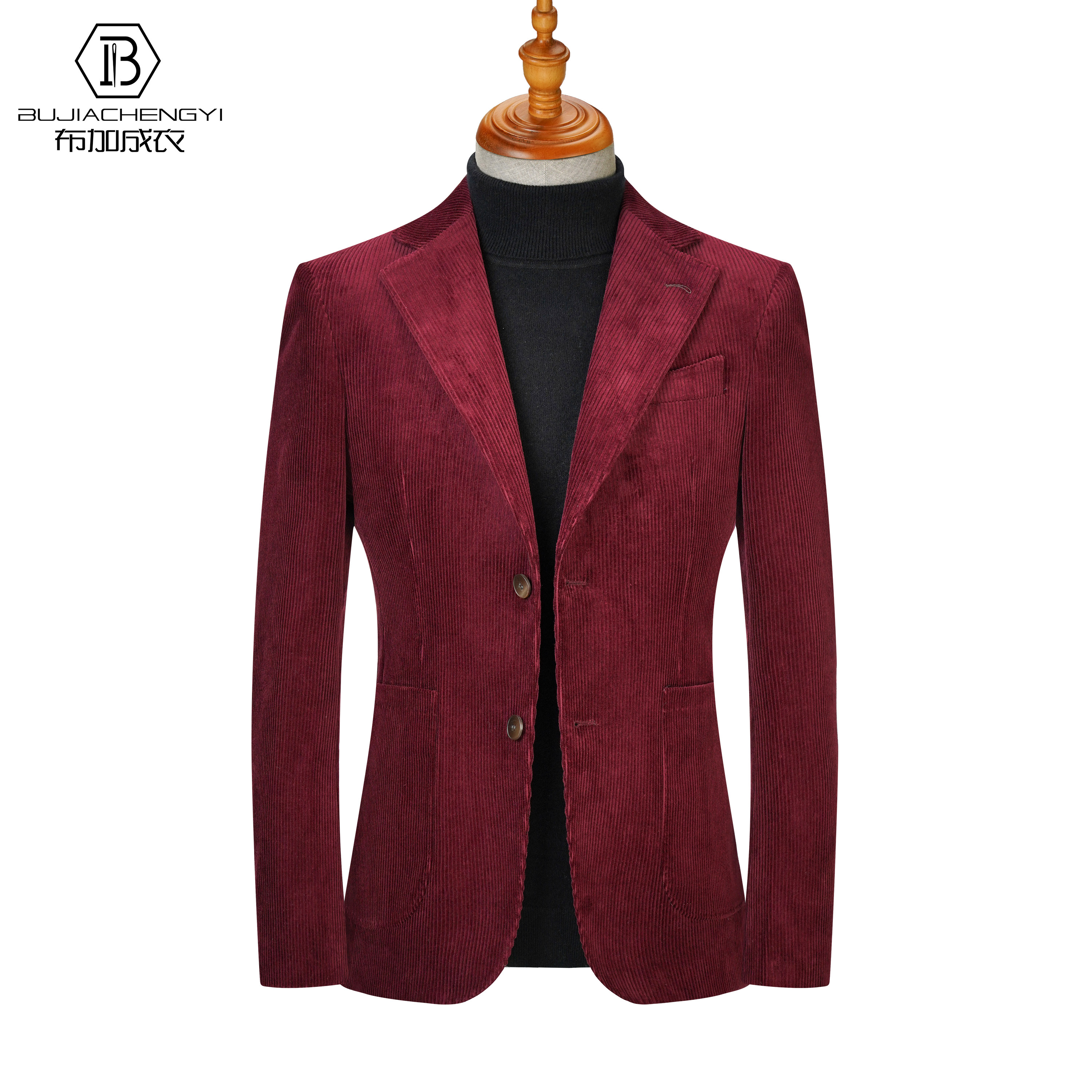 灯芯绒西装男高级感新款意大利高端轻奢复古商务酒红色西服外套男