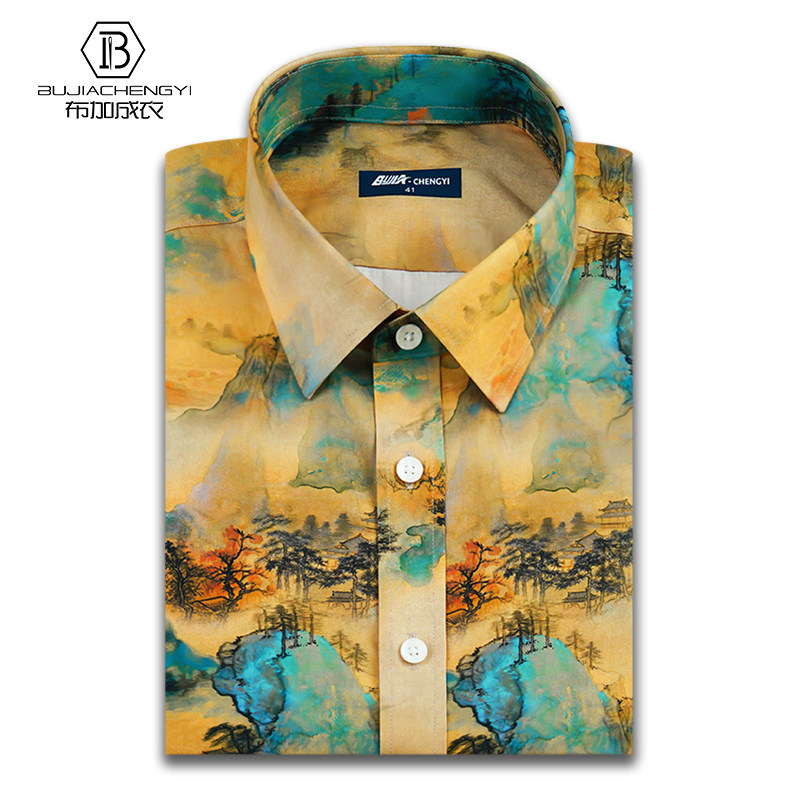 布加成衣国风印花短袖衬衫男夏季薄款新款休闲小众纯棉沙滩花衬衣