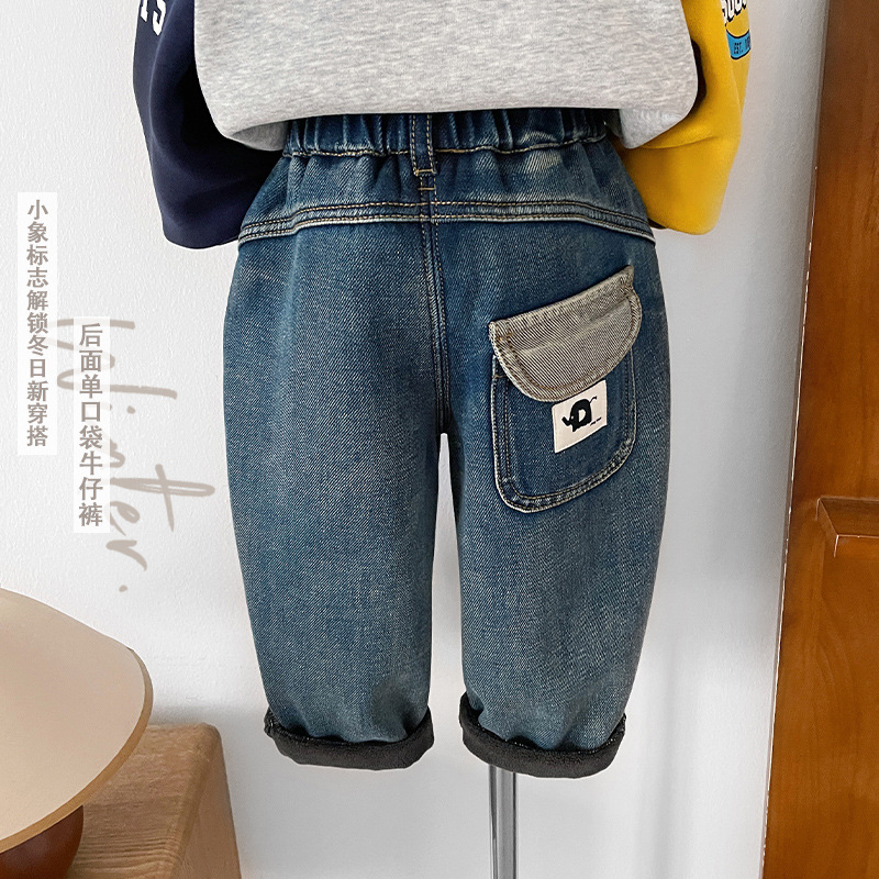 2025冬季新款童裤儿童韩版个性贴标加绒牛仔裤男童加厚长裤