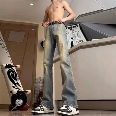 美式高街复古蓝高腰牛仔裤男款秋季vibe裤子高个子修身直筒微喇裤