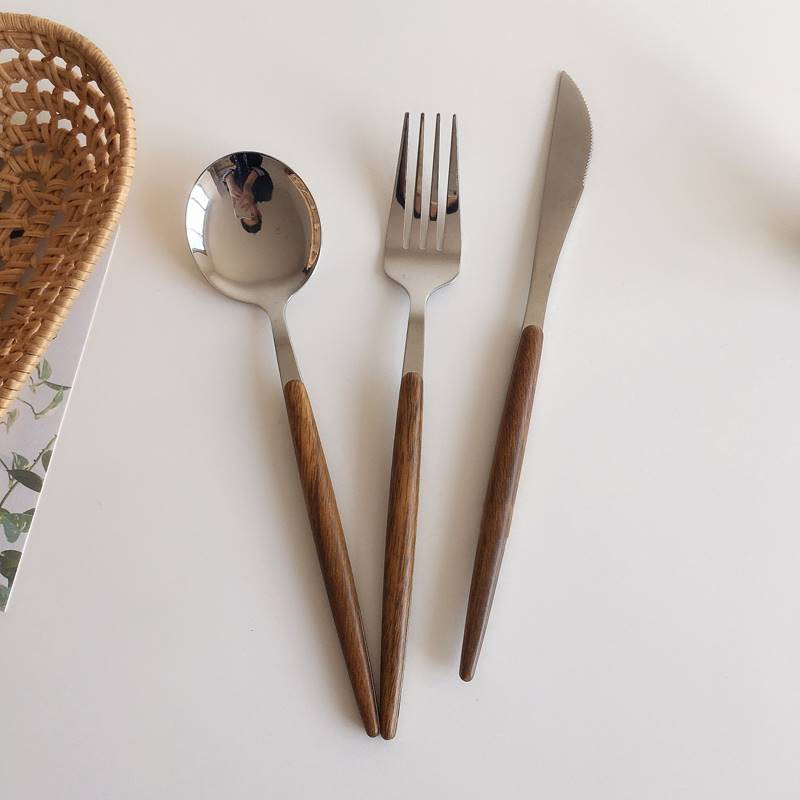 INS韩风仿木柄不锈钢刀叉勺