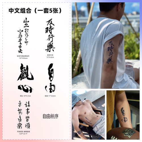中文组合 草本果汁纹身贴纸男女防水持久不反光中国风书法字体