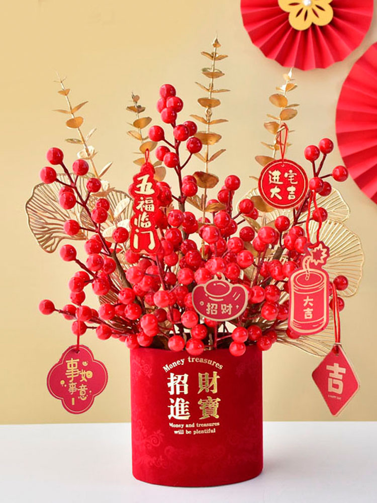 搬进新家礼物新年祝福桶模拟花艺客厅装饰摆件财富红色水果插花花