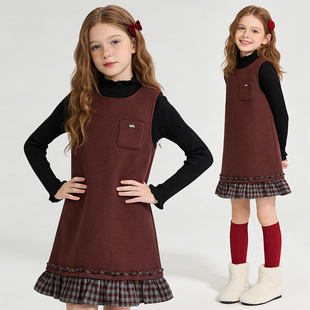 女童连衣裙冬季2025年新款黑色高级感打底拼接格子时尚裙子两件套