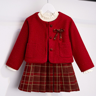 儿童安可拉红拜年服女孩背心裙三件套潮 新款 女童过年套装 2025冬季