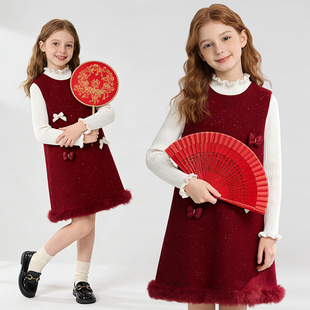 蝴蝶结加厚新年拜年服小香风裙子套装 女童连衣裙秋冬季 2025年新款