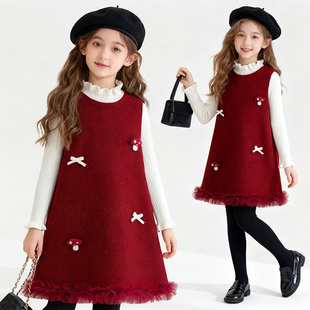 女童连衣裙秋冬季 蝴蝶结立体蘑菇打底衣新年裙子两件套 2025年新款