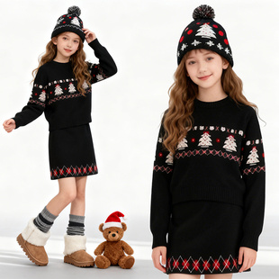 新款 套装 加厚保暖印花圣诞毛衣洋气半身裙两件套 韩版 女童2025冬季