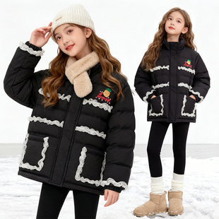女童秋冬季羽绒服韩系加厚大童花边洋气印花时髦黑色百搭保暖外套