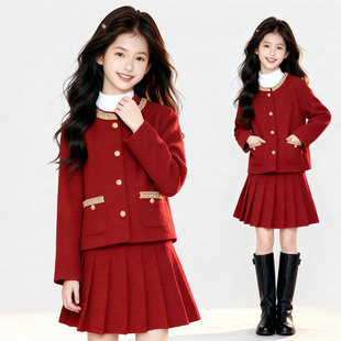女童连衣裙加厚套装 小香风高级感红色裙子两件套潮 裙子2025秋冬季