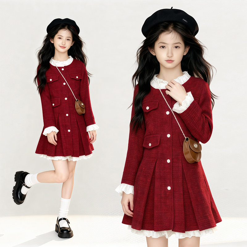 女童裙子秋冬季2025年新款时尚洋气拼接拜年服设计感连衣裙新年装