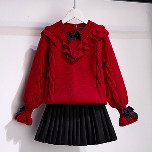 时髦女孩洋气红色毛衣百褶裙儿童新年装 女童拜年套装 2025秋冬新款